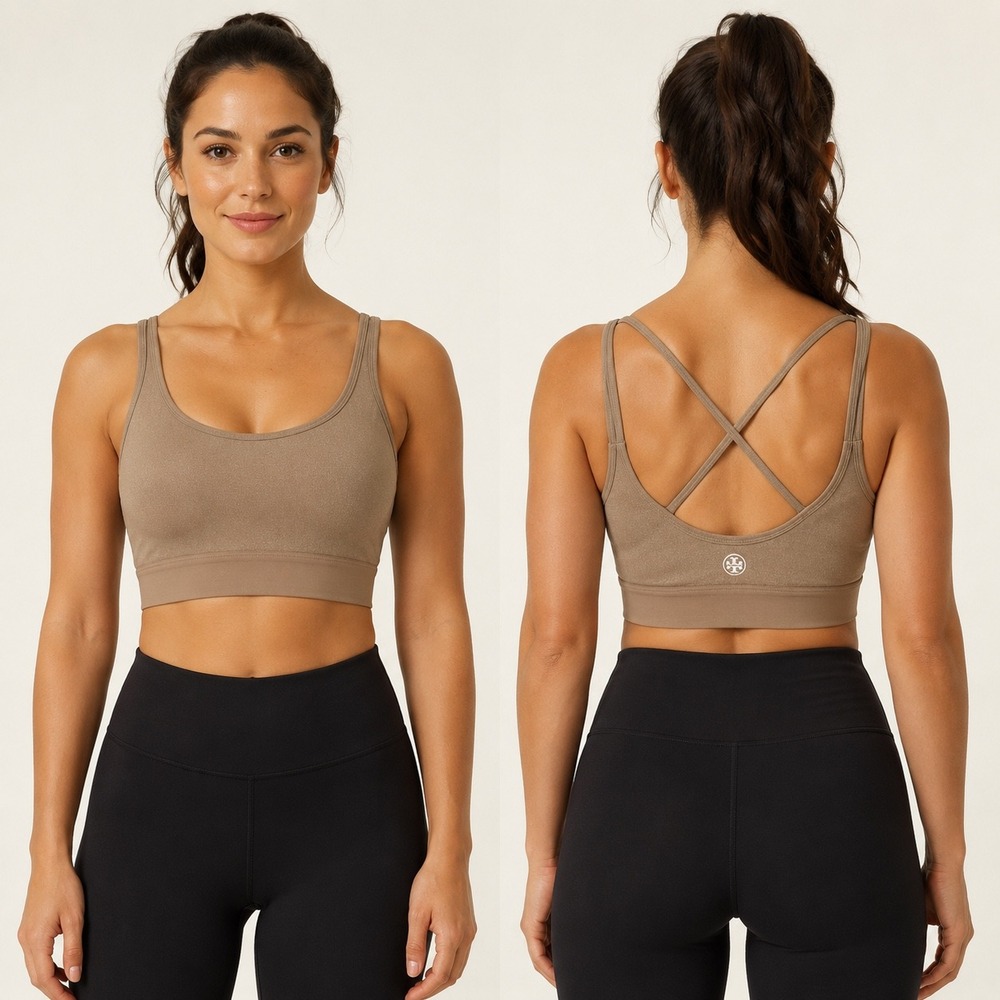 Tory Sport Women Dark Beige Heathered Cross Back Sports Bra XS Scoop Neck Logo